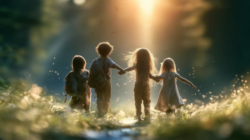 Kinder gehen Hand in Hand über eine Wiese